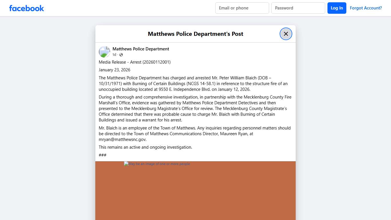 Media Release - Arrest... - Matthews Police Department Facebook